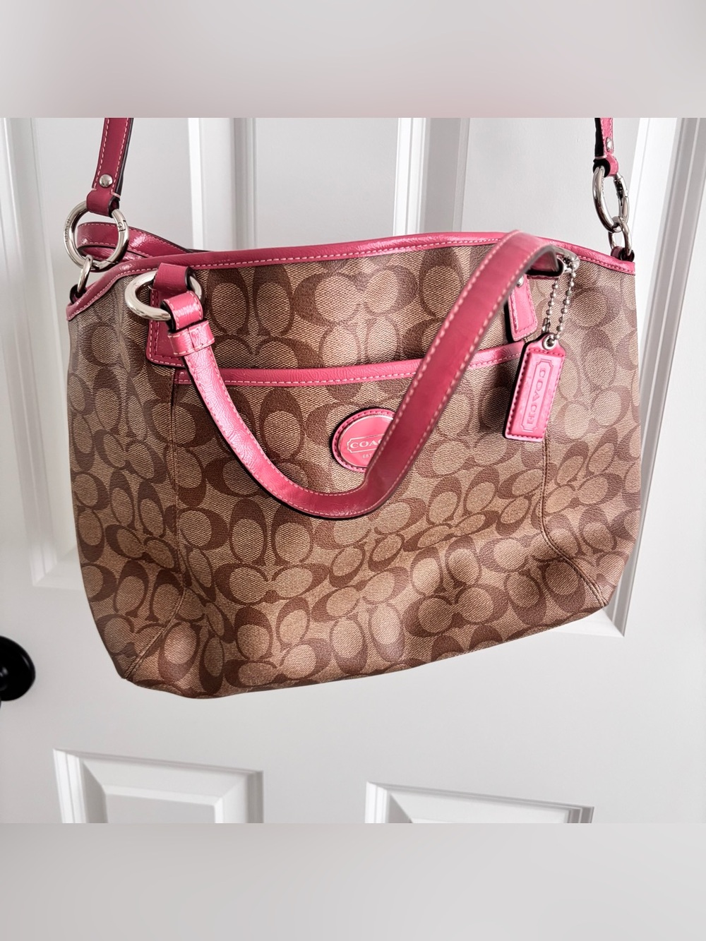 Coach Signature Peyton Tote with Pink Trim Canvas Purse Handbag - Picture 3 of 16